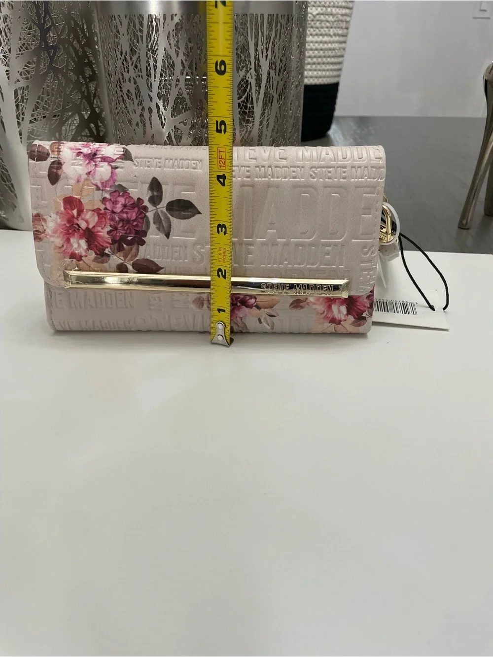 Steve Madden Cream Floral Embossed Clutch with Gold Accent